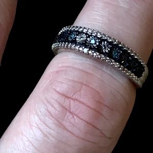 925 Silver Dark Blue Sapphire Crystal Paved Ring Set in Black Rhodium Unisex